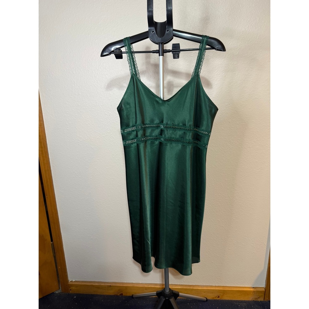 Erika Taylor Intimates Forest Green Satin Lace Trim Nightgown Slip Dress Large